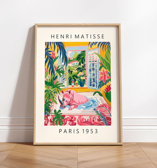 Rhino in bathtub art print, Matisse poster, Bathroom decor, Pink tropical wall art, Safari animal print