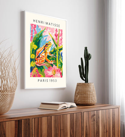 Maximalist wall art, Frog poster, Pink tropical decor, Mid century modern print, Matisse art