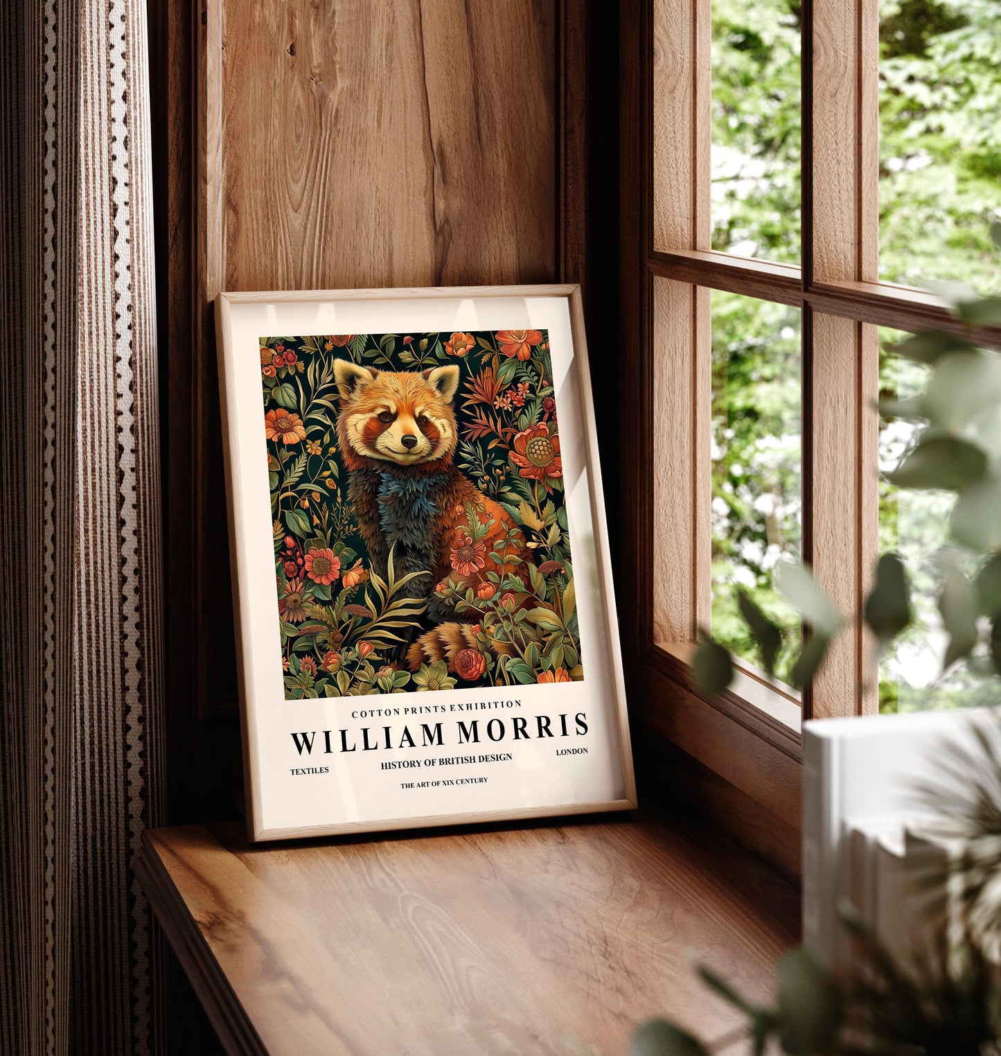 Red Panda Print: William Morris Inspired Botanical Art