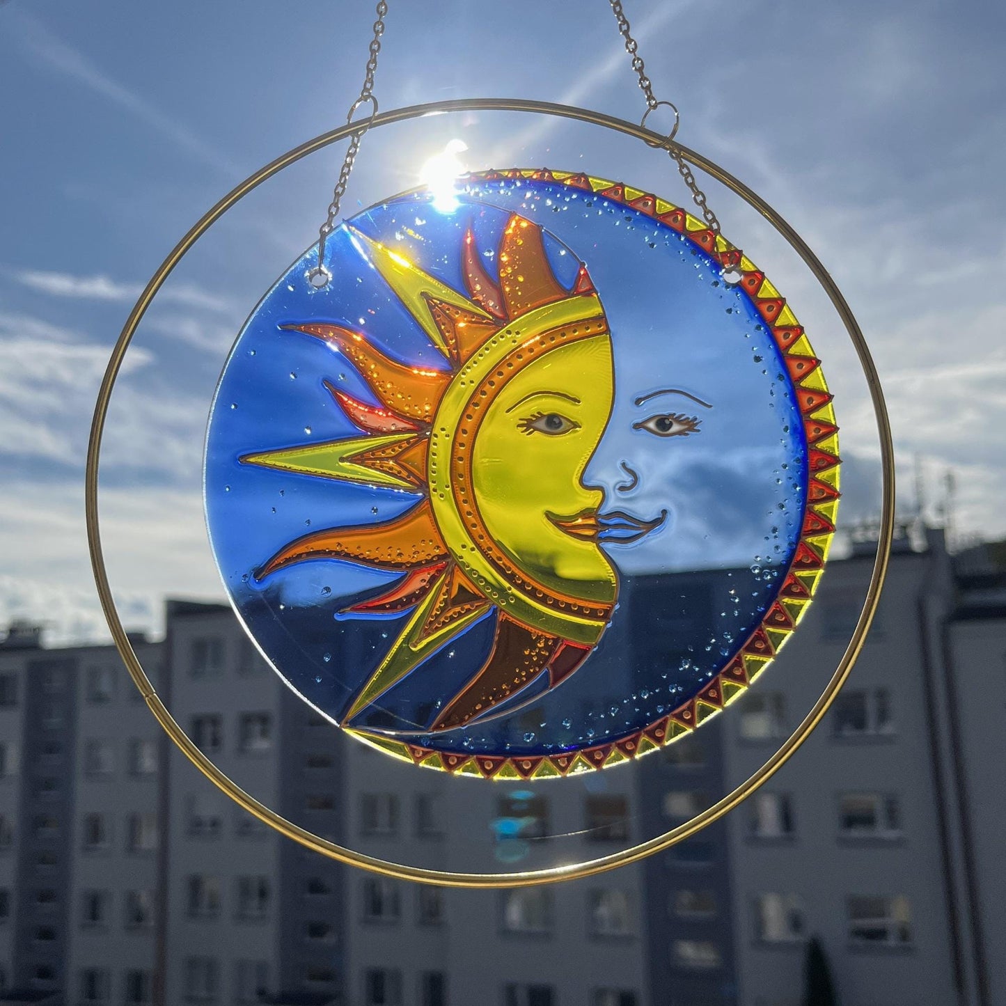 Sun catcher Crescent Moon Sun Stained Glass Suncatcher for Window Genuine professional handmade item