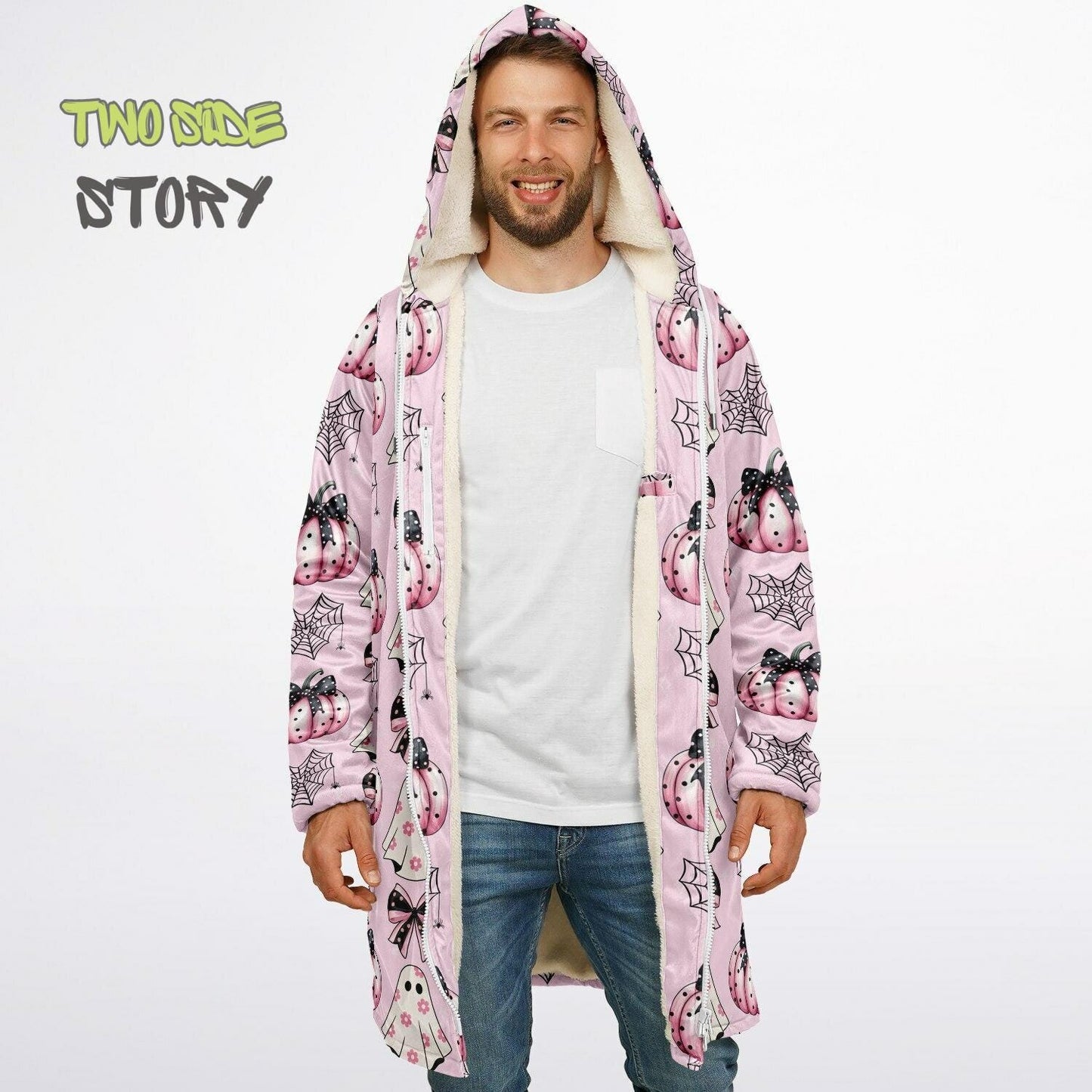 Fun Bow Halloween Print Microfleece Zipper Jacket,Unisex Coquette Hoodie Cloak, Creative Gift for Her, Unique Gift, Christmas Birthday Gifts