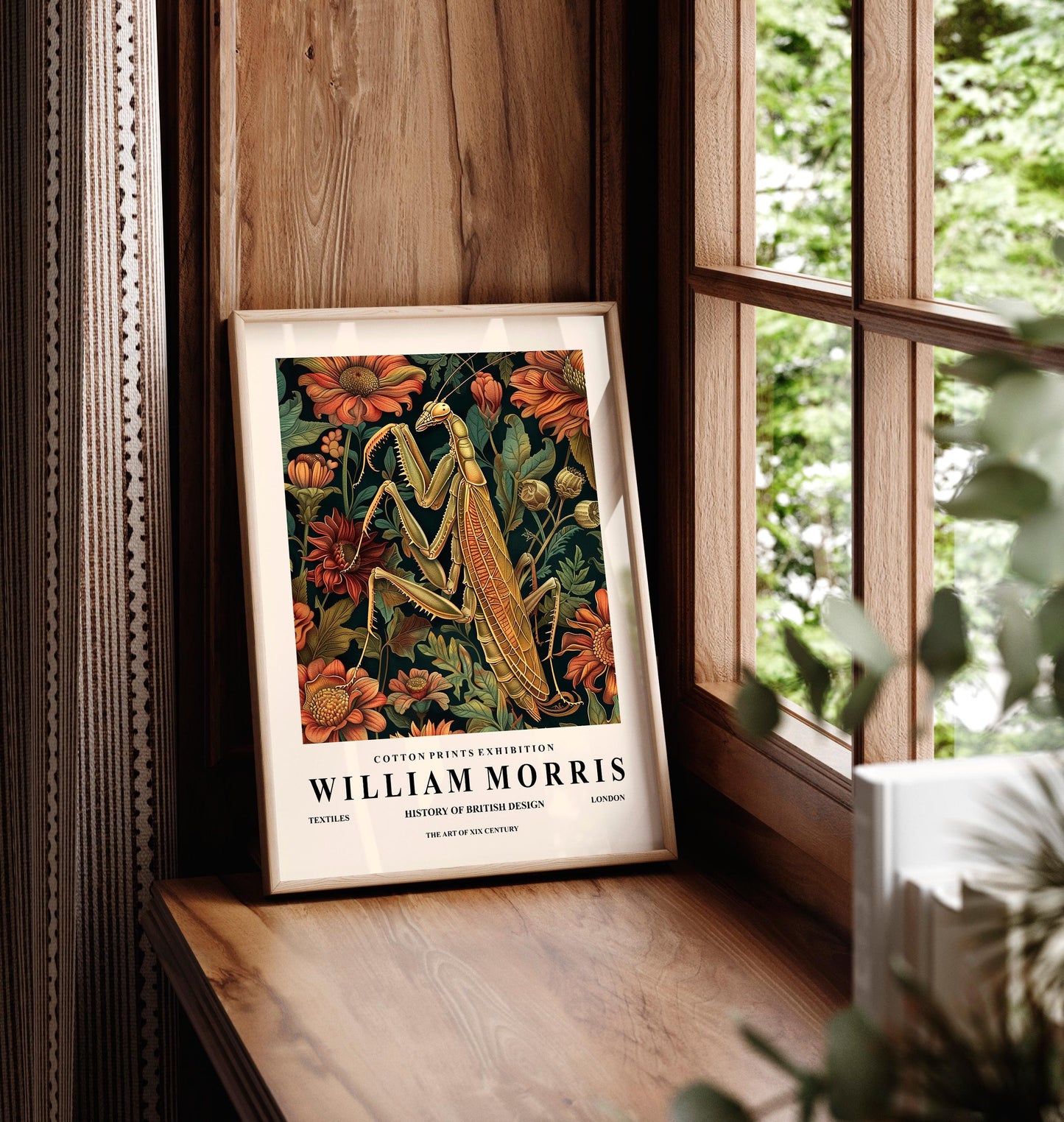 Praying Mantis Botanical Print: William Morris Style Art