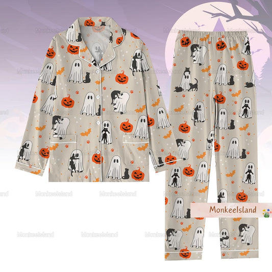 Halloween Pajamas, Halloween Pjs For Women, Cute Ghost Black Cat Pajamas, Fall Holiday Pajamas, Pumpkin Pajamas Set, Spooky Season Gift