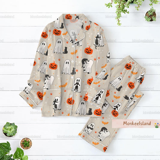 Halloween Pajamas, Halloween Pjs For Women, Cute Ghost Black Cat Pajamas, Fall Holiday Pajamas, Pumpkin Pajamas Set, Spooky Season Gift