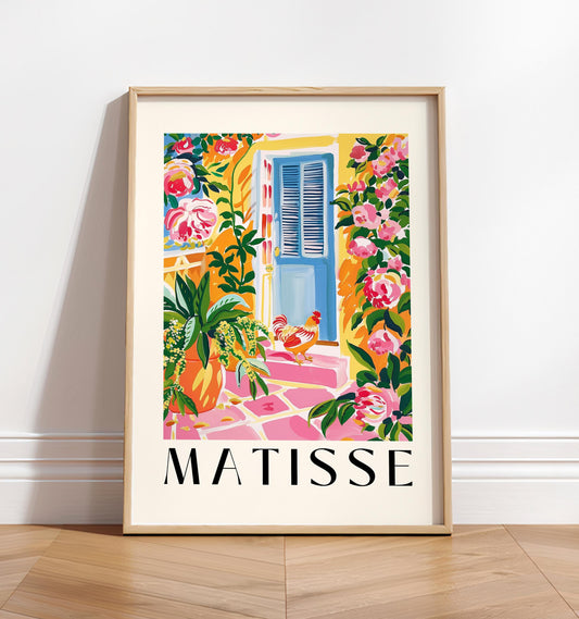 Pink farmhouse decor, Chicken art print, Tropical cowgirl poster, Hen poster, Mid century farm wall art