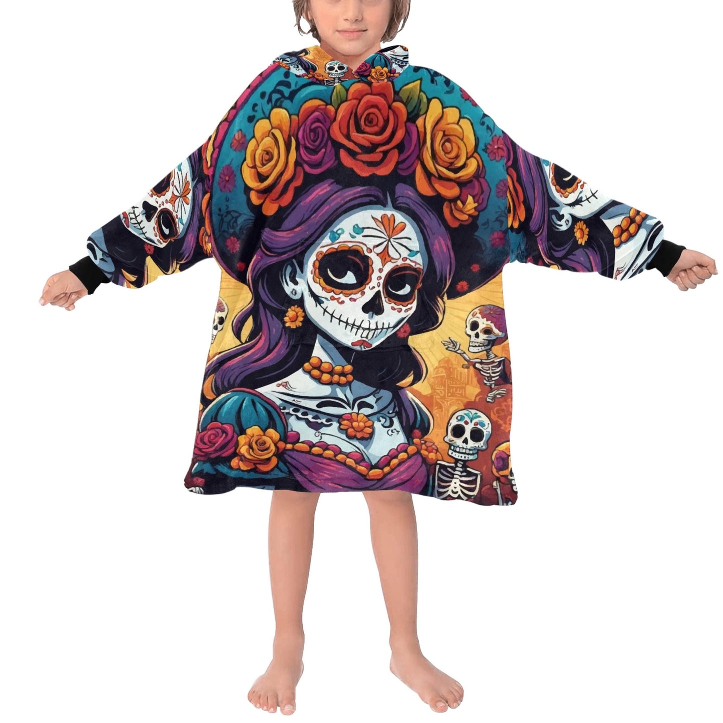 Kids Blanket Hoodie Chicano Día De Los Muertos Mexico La Catrina Art