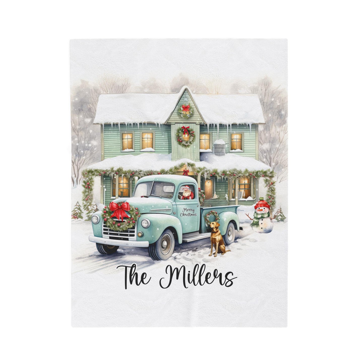 Christmas Truck and Farmhouse Personalized Blanket, Custom Family Name Christmas Blanket, Holiday Throw, Personalized Holiday Blanket