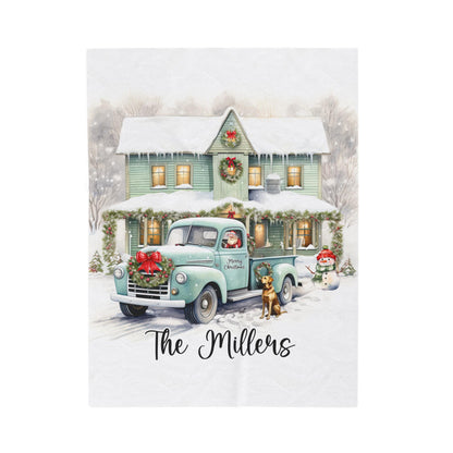 Christmas Truck and Farmhouse Personalized Blanket, Custom Family Name Christmas Blanket, Holiday Throw, Personalized Holiday Blanket