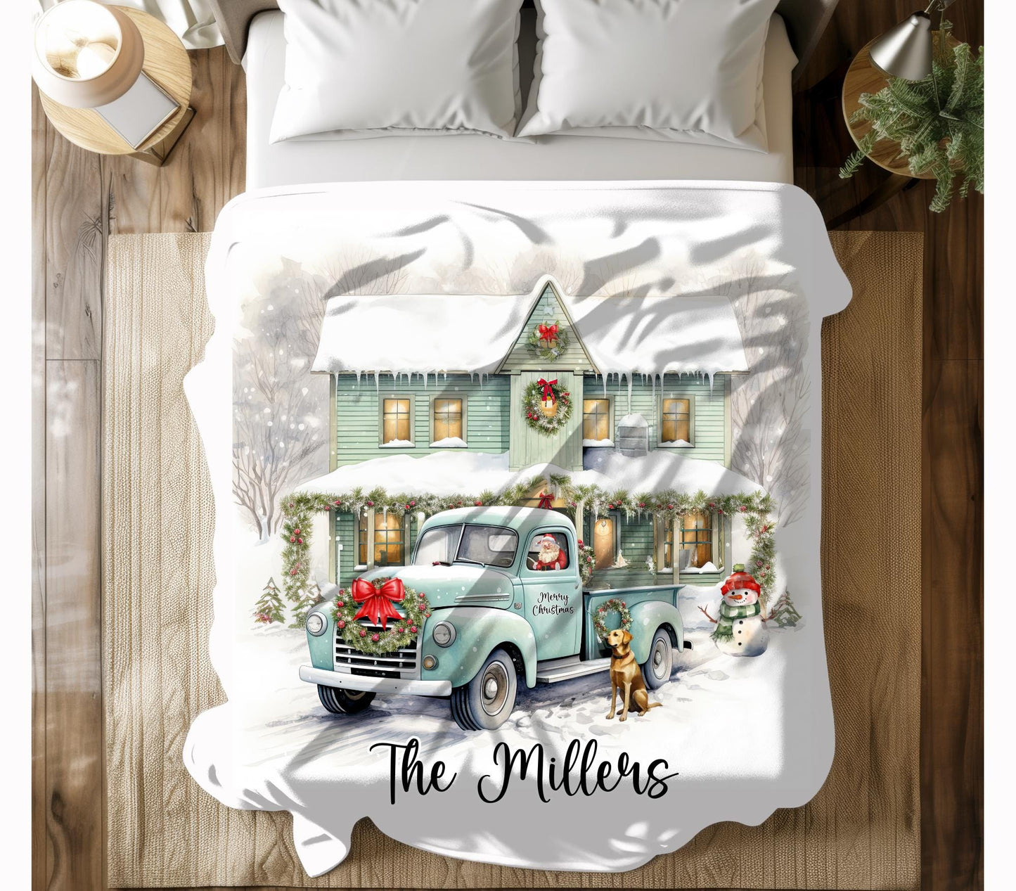Christmas Truck and Farmhouse Personalized Blanket, Custom Family Name Christmas Blanket, Holiday Throw, Personalized Holiday Blanket