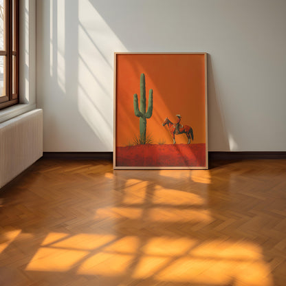 Cowgirl Minimalist Boho Western Illustration, Vintage Southwestern Boho Art, Cowboy Wall Print, Terracotta Sunset, Retro Cowboy Cowgirl Art