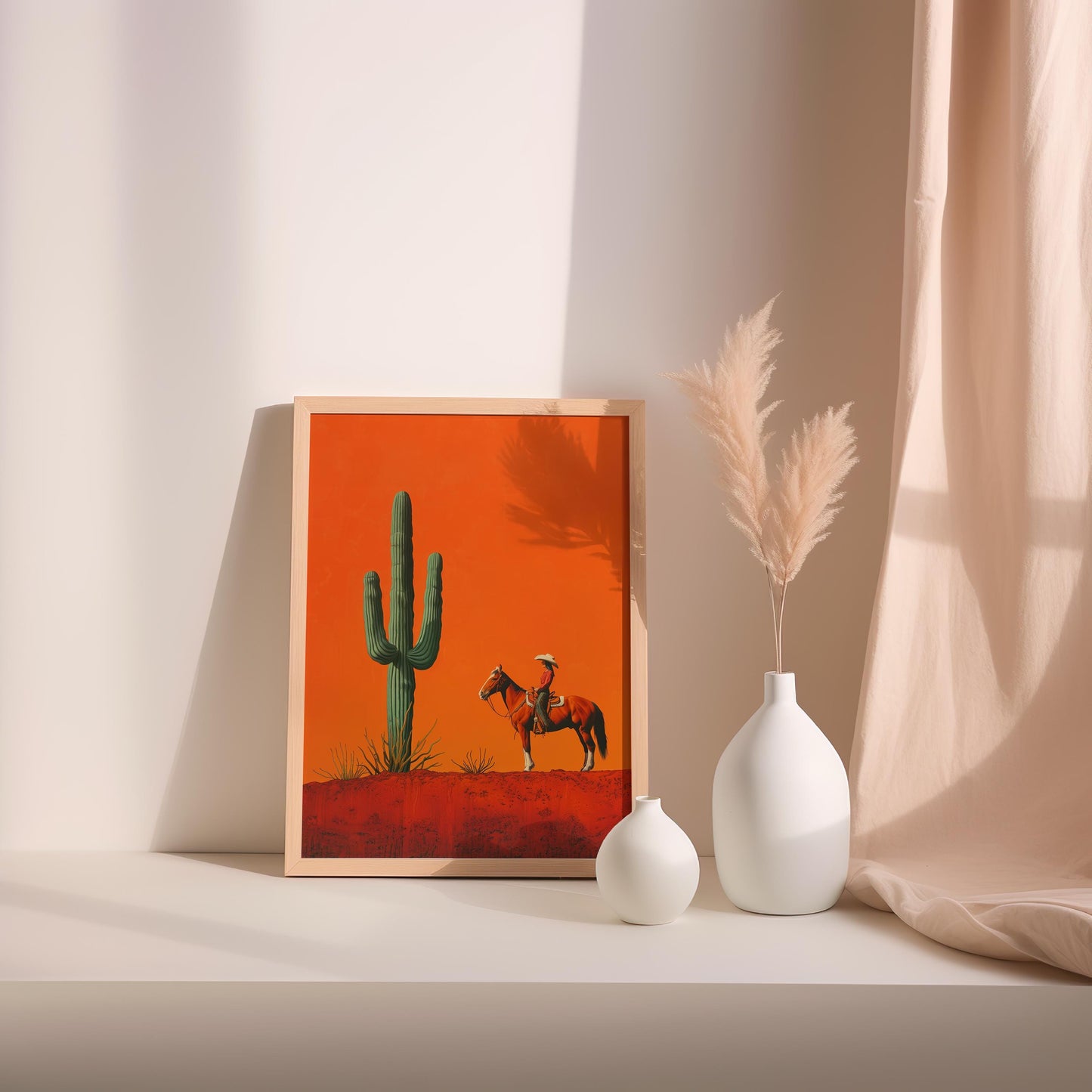 Cowgirl Minimalist Boho Western Illustration, Vintage Southwestern Boho Art, Cowboy Wall Print, Terracotta Sunset, Retro Cowboy Cowgirl Art