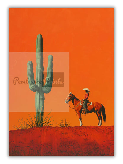 Cowgirl Minimalist Boho Western Illustration, Vintage Southwestern Boho Art, Cowboy Wall Print, Terracotta Sunset, Retro Cowboy Cowgirl Art