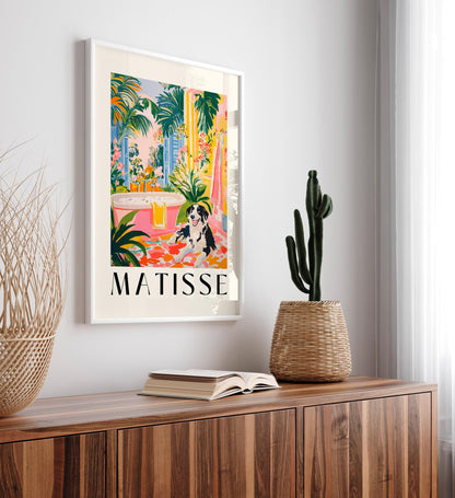 Matisse Style Border Collie Bathroom Art Print: Tropical Maximalist Decor