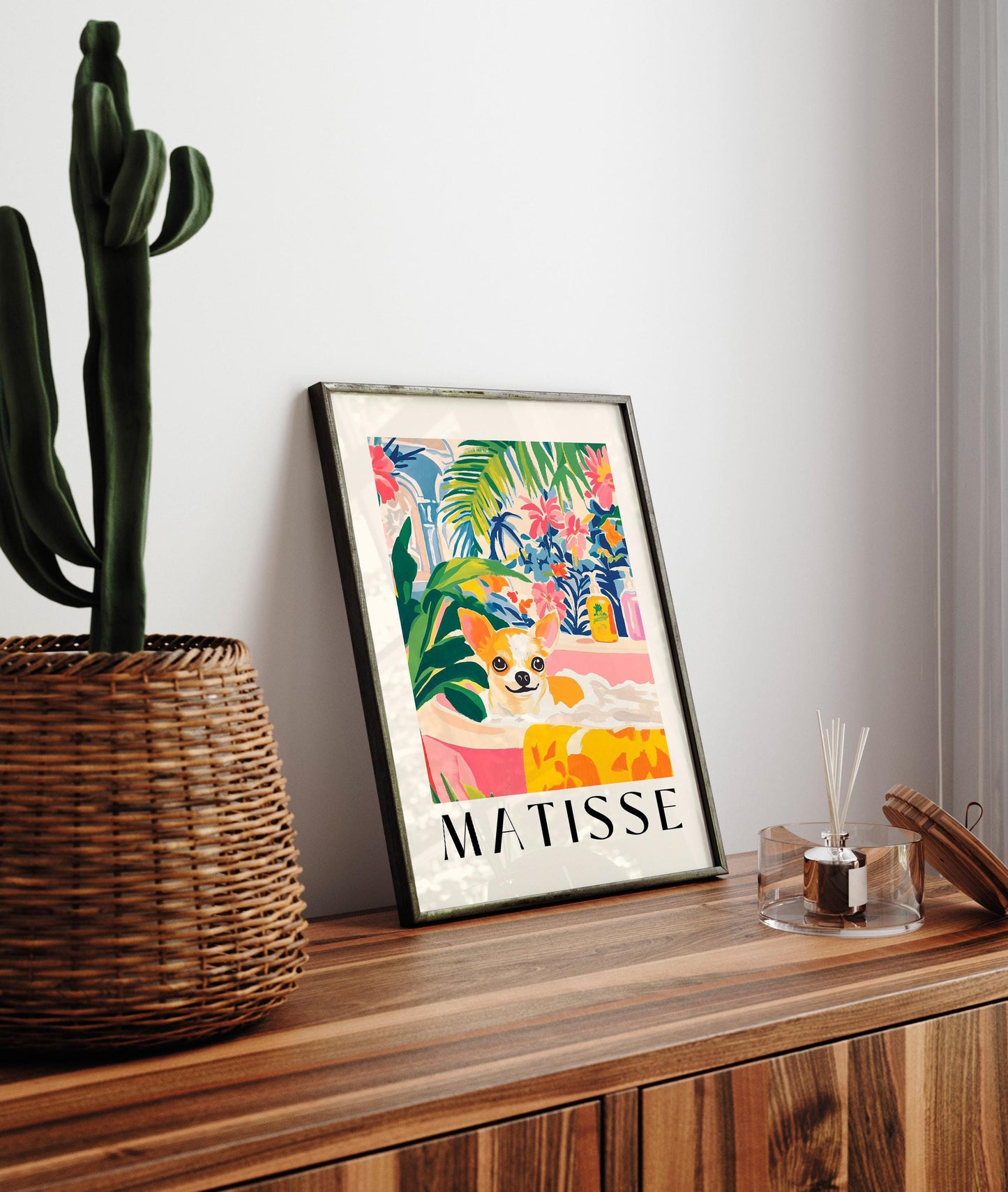 Chihuahua in Bathtub Art Print: Tropical Bathroom, Matisse Style