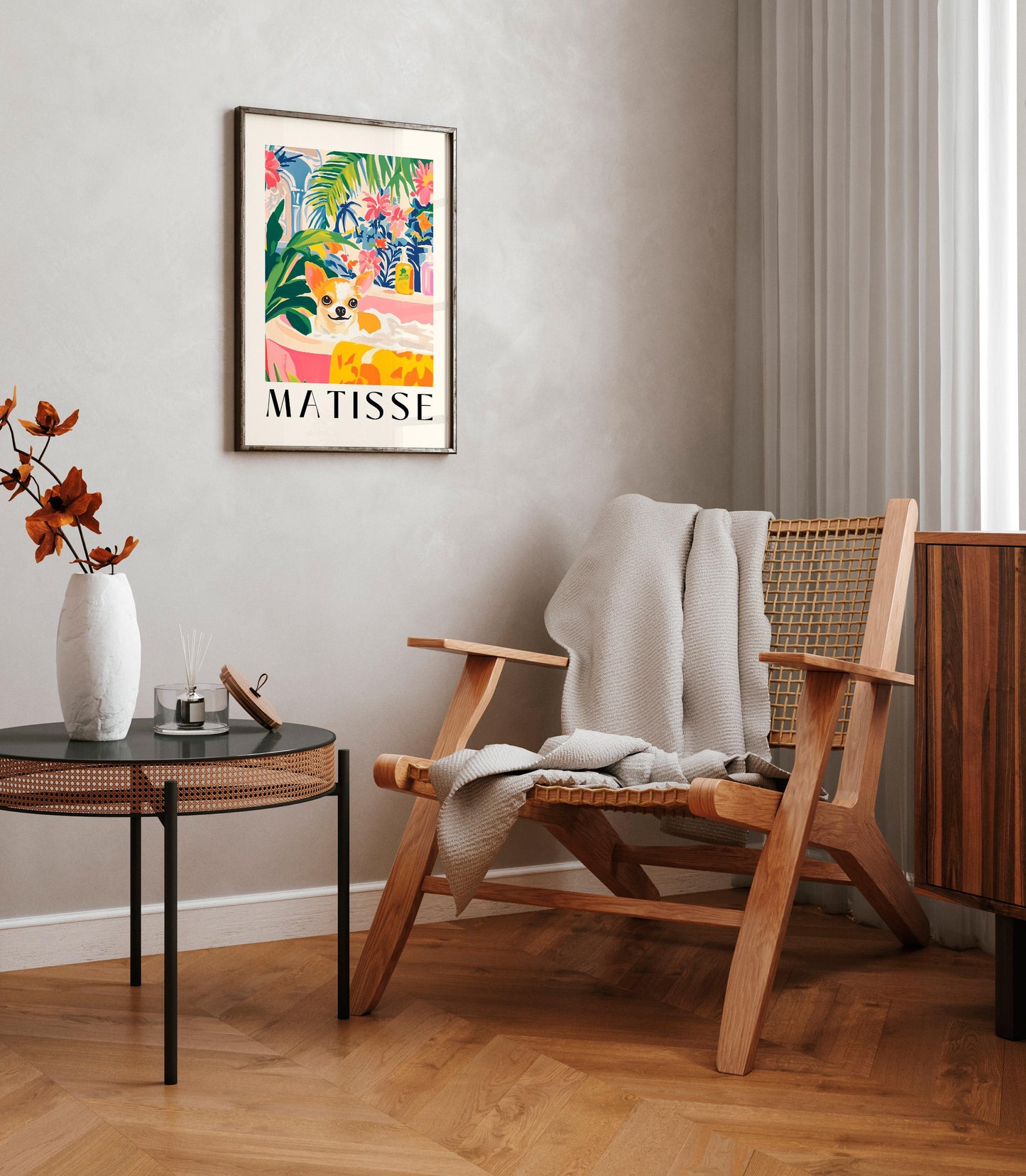 Chihuahua in Bathtub Art Print: Tropical Bathroom, Matisse Style