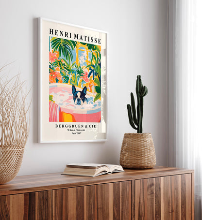 Boston Terrier in Bathtub Art Print: Matisse Style Bathroom Decor
