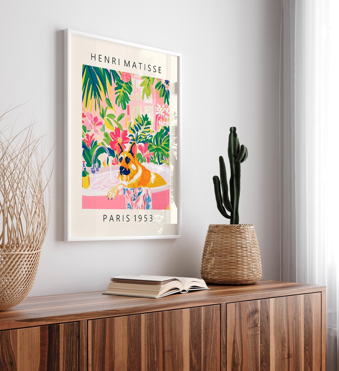 German Shepherd in Bathtub Art Print: Tropical Bathroom Decor