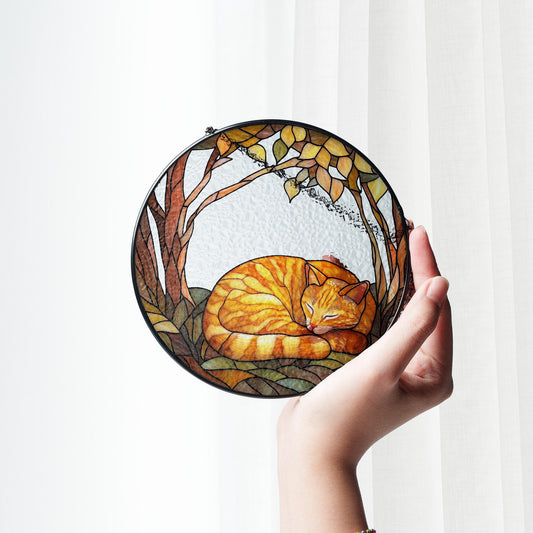Orange Cat Sleeping Stained GLASS Sun catcher, Orange Cat Suncatcher Ornament, Cat Lover Gift, Morning Glory, Cat lovers, Cat Memorial Gift