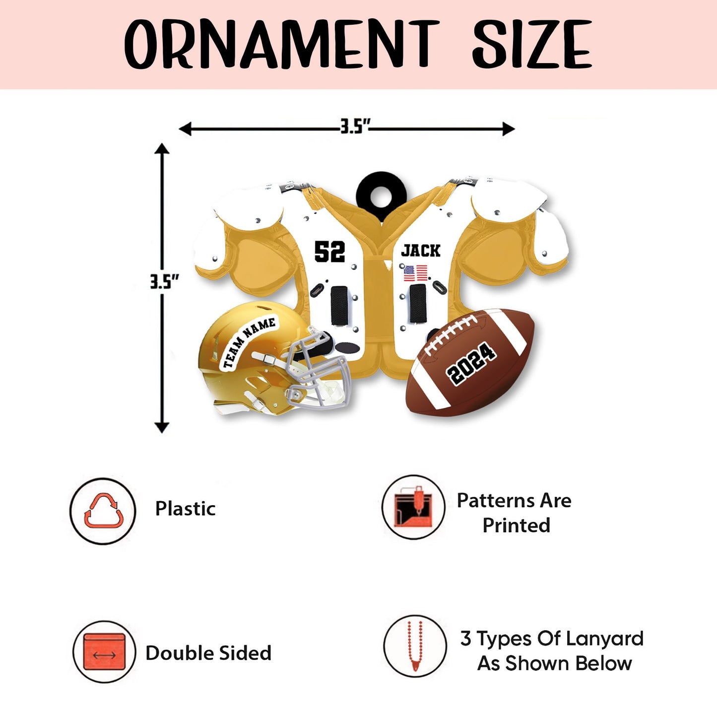 Personalized Football American Christmas Ornament, Custom Name Ornament, Football Vest Car Ornament, Flat 2D Ornament,  Gift for Boyfriend