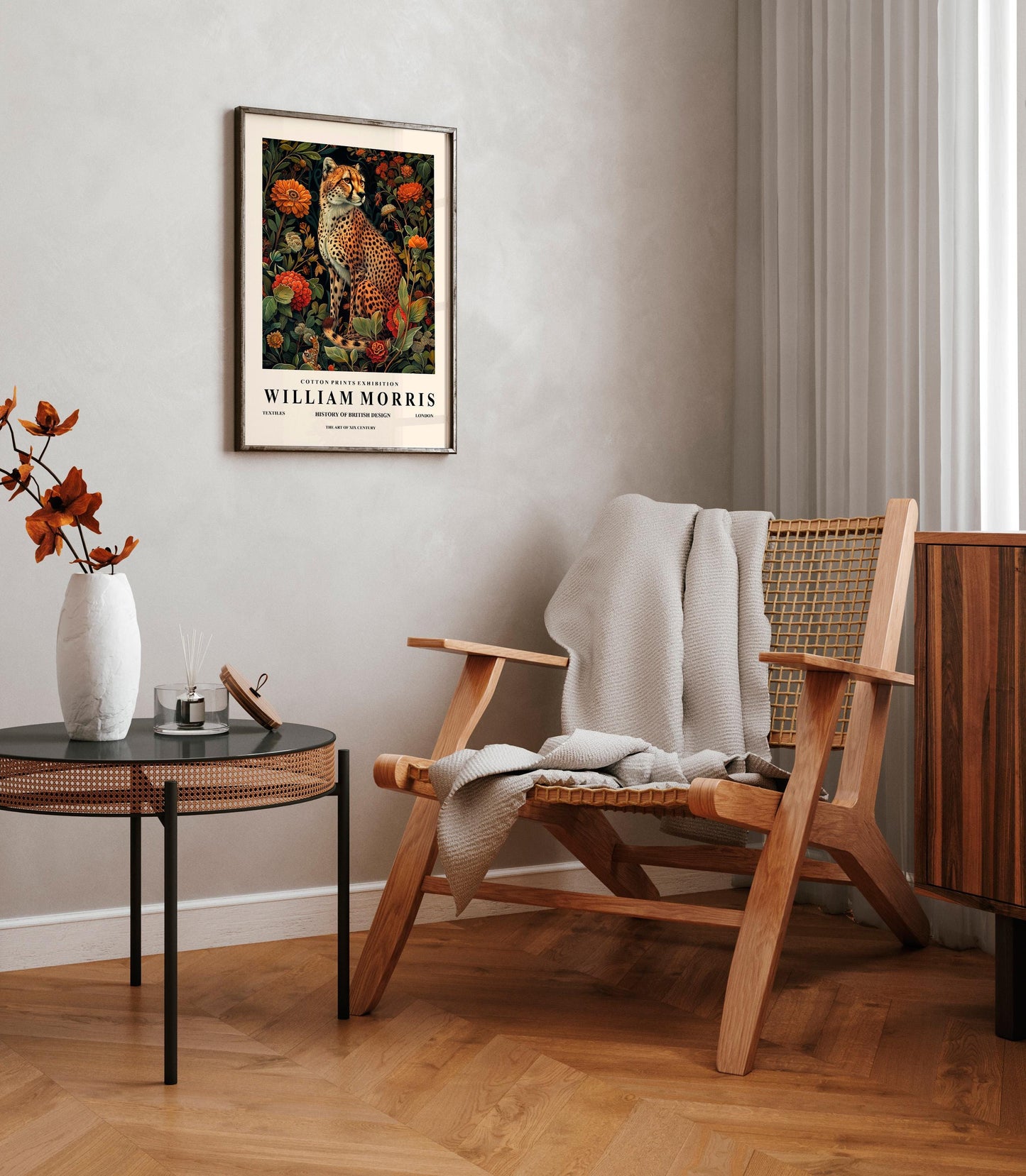 Cheetah print, William Morris wall art, Floral poster, Mid century print, Botanical safari decor