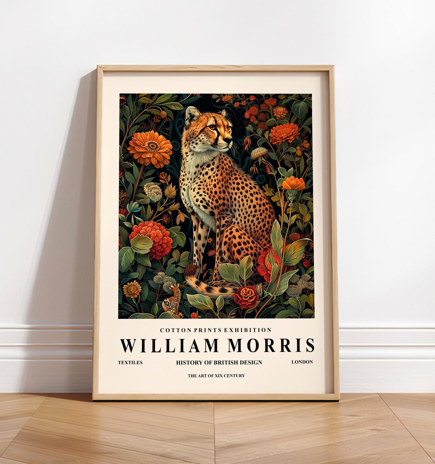 Cheetah print, William Morris wall art, Floral poster, Mid century print, Botanical safari decor