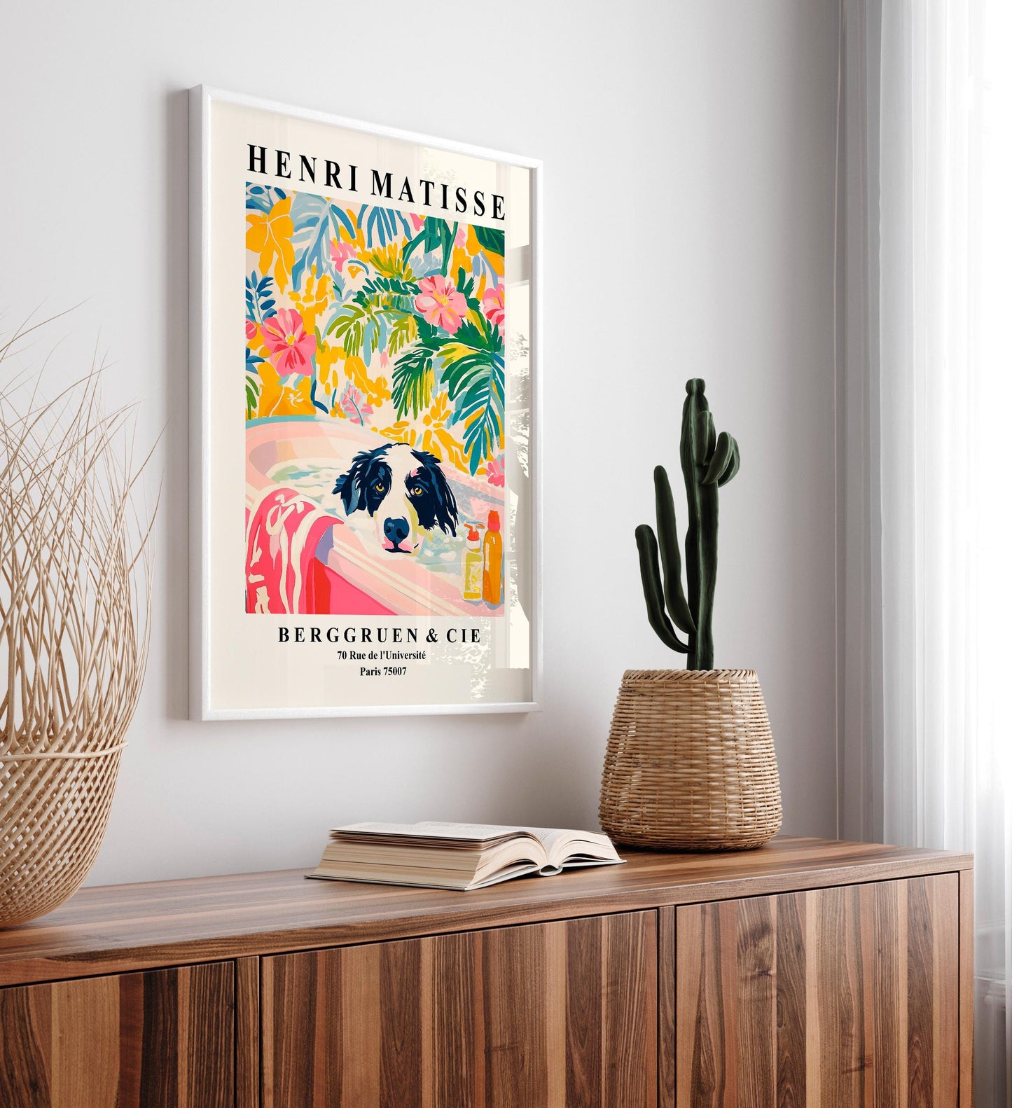 Border Collie Bathroom Art Print: Funny Dog in Tub, Pink Matisse Style
