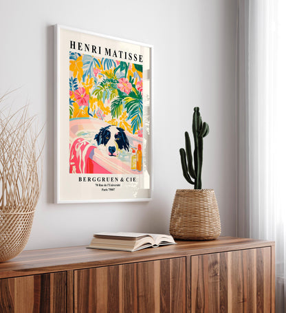 Border Collie Bathroom Art Print: Funny Dog in Tub, Pink Matisse Style