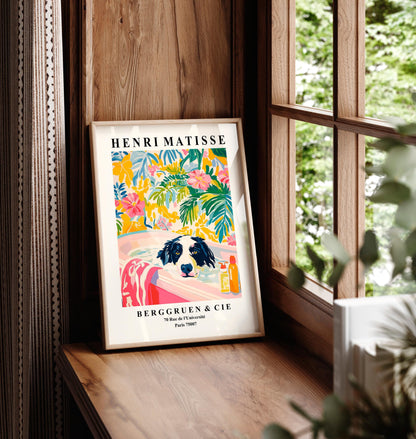 Border Collie Bathroom Art Print: Funny Dog in Tub, Pink Matisse Style