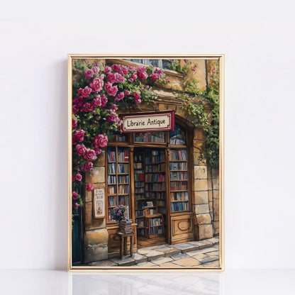 Bookstore Print, French Bookshop Art Print, Bookstore with Roses poster, Housewarming Gift, Bookstore print, Book lover gift, Bookish gift