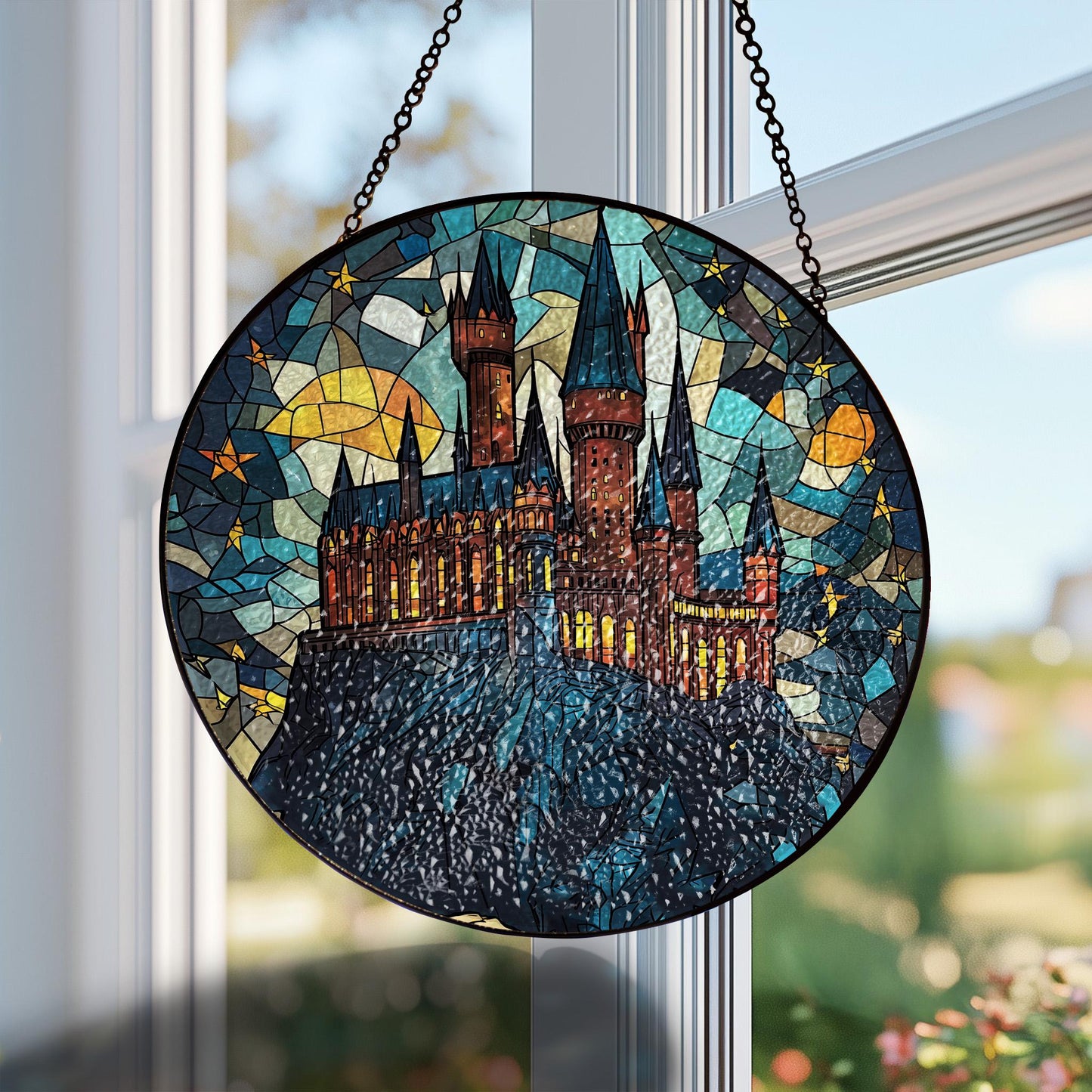 Wizard Castle Glass Suncatcher Ornament, Wizard School Glass Window Hanging, Magical Castle Bookish Wall Hanging Art Decor, Book Lover Decor