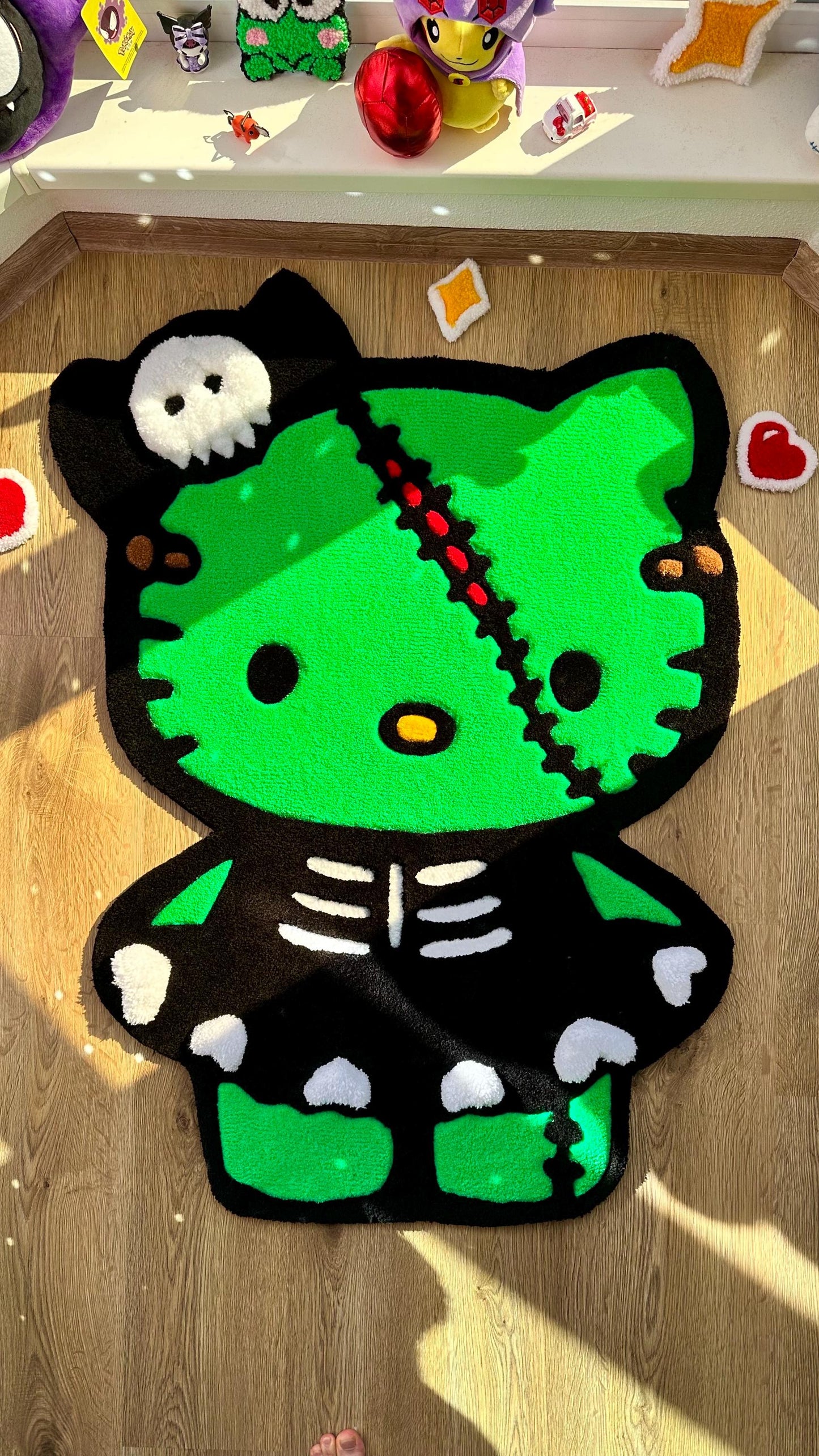 Green Halloween Dino Tufted Rug – Spooky Cute Carpet, Handmade Puffy Floor Mat, Kawaii Decor for Kids Room, 3D Custom Rug Gift