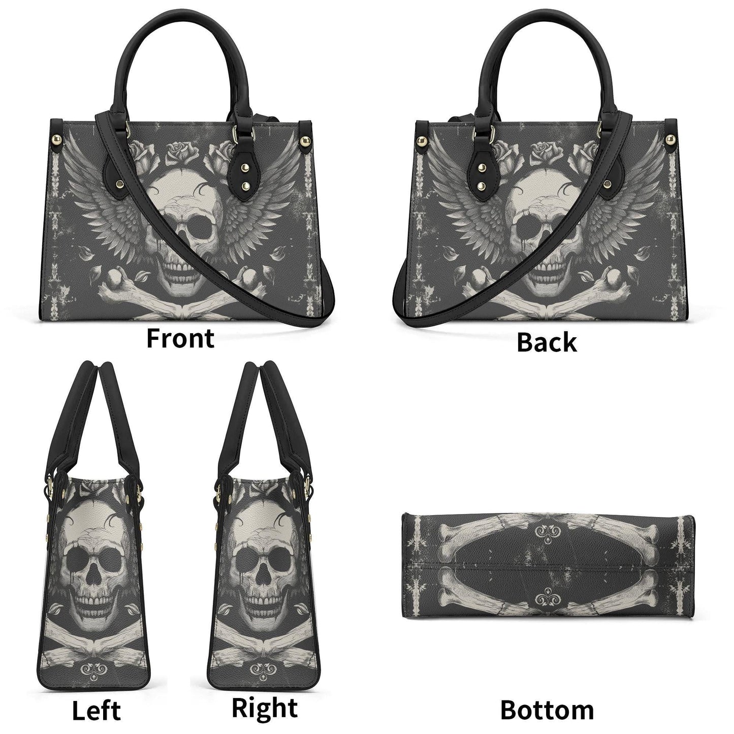 Bones and Skull Leather Tote Bag, Goth Wings Trendy Goth Handbag, Dark academia Vegan Leather Handbag Gift Black Purse, Whimsicore Handbag