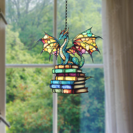 Green Dragon Sleeping on Books Acrylic window hanging, Fantasy dragon Wall Window Hanging Art Decoration, Book lovers home decor Ornament