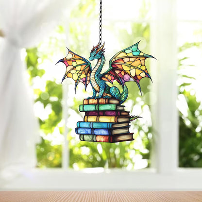 Green Dragon Sleeping on Books Acrylic window hanging, Fantasy dragon Wall Window Hanging Art Decoration, Book lovers home decor Ornament
