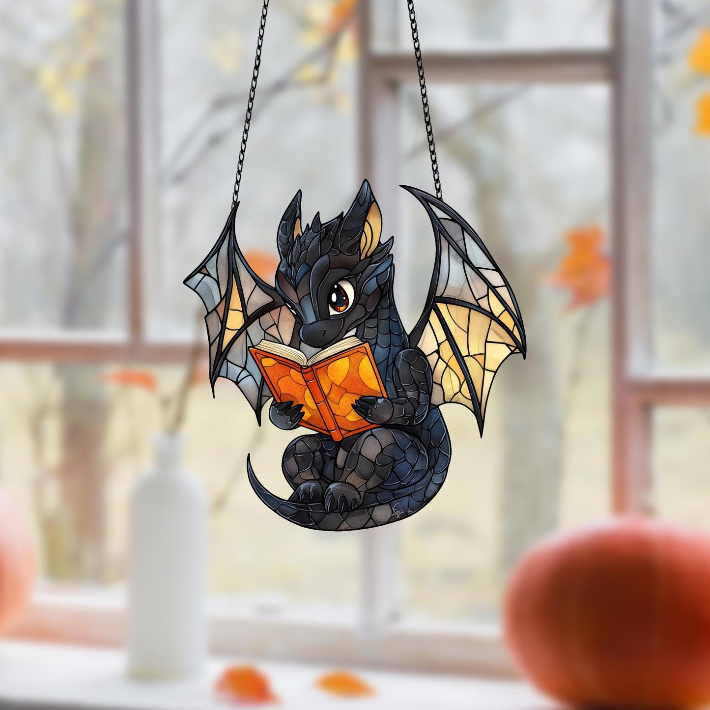Gray Dragon Read Books Acrylic window hanging, Fantasy dragon Wall Window Hanging Art Decoration, Book lovers home decor Ornament, Bookish