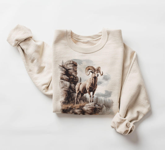 Retro Big Horn Sheep Cliff Scene Sweatshirt - 90s North American Animals Canyon Wilderness Scene - Boho Unisex Crewneck Sweatshirt