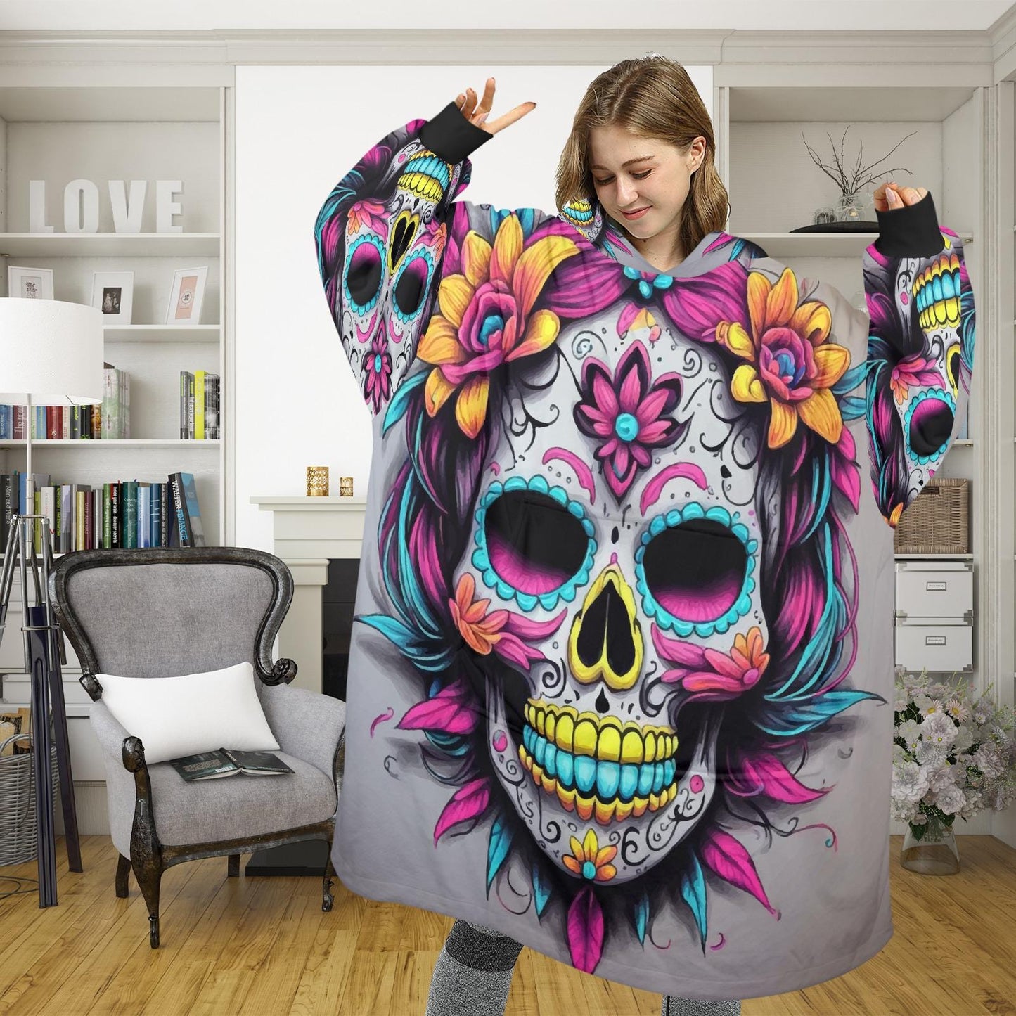 Blanket Hoodie personalized blankets hoodie that is a blanket Sugar Skull Día De Los Muertos Chicano Day of the Dead