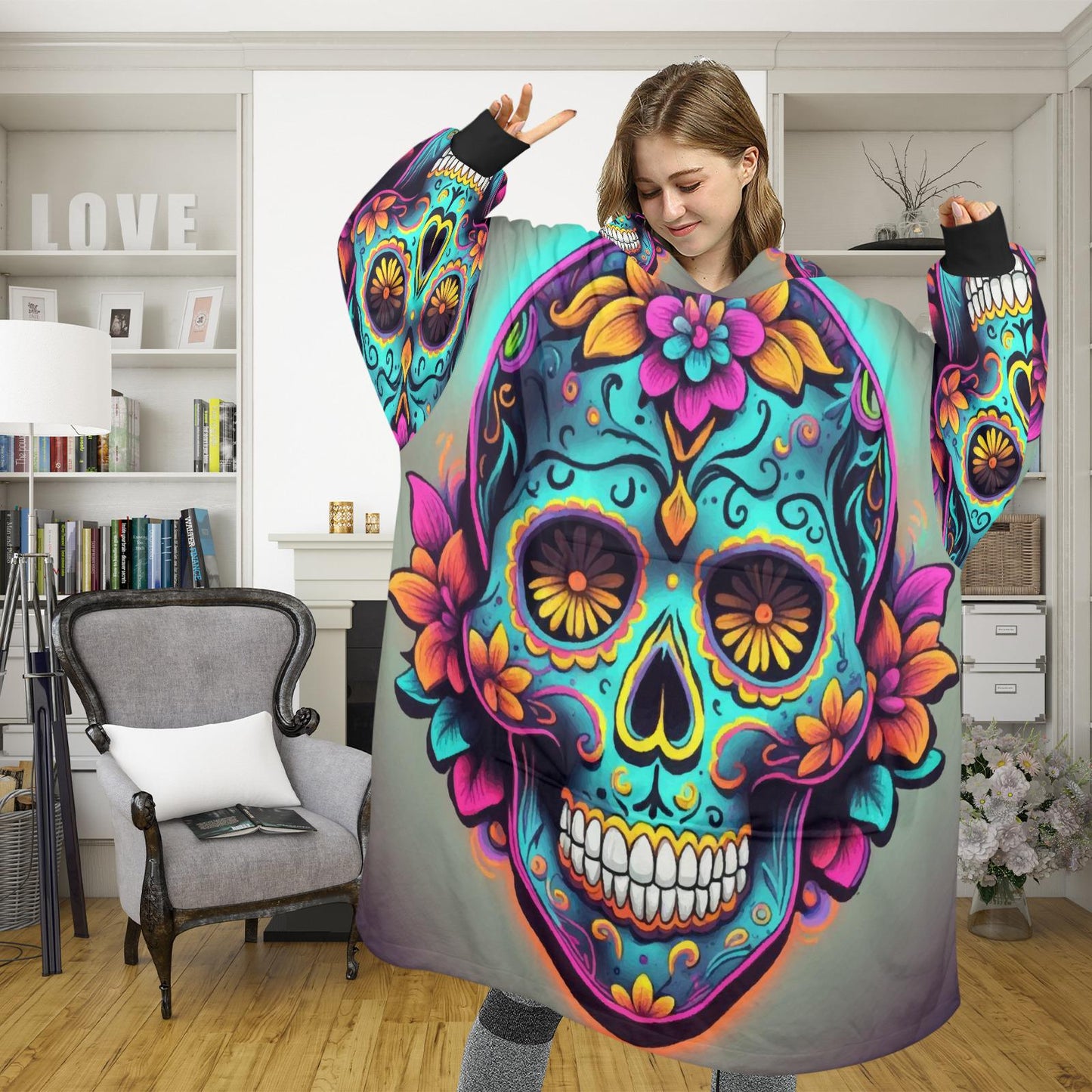 Sugar Skull Blanket Hoodie Día De Los Muertos Chicano Art