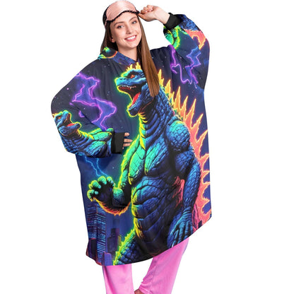 Godzilla Blanket Hoodie Retro Kaiju Neon Art Personalized Fleece