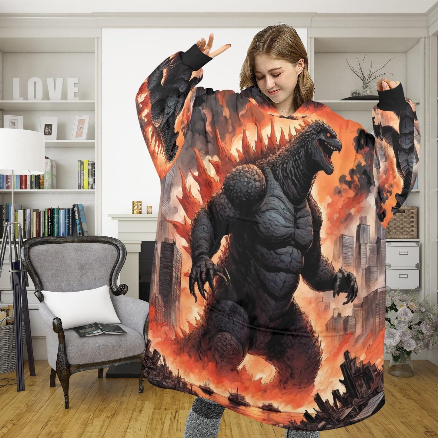 Godzilla Blanket Hoodie Retro Kaiju Cartoon Fleece Blanket