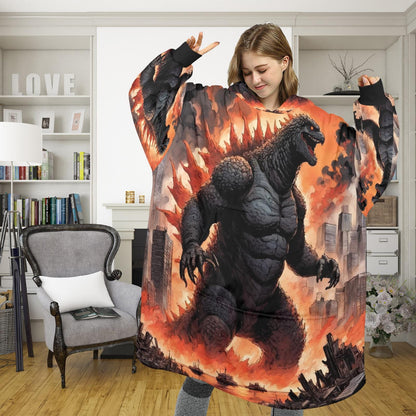 Godzilla Blanket Hoodie Retro Kaiju Cartoon Fleece Blanket