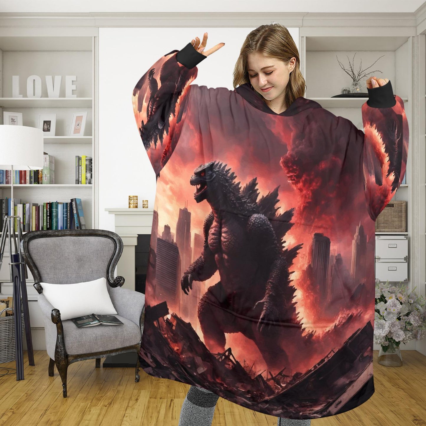 Godzilla Blanket Hoodie Kaiju Cartoon Fleece Lounger