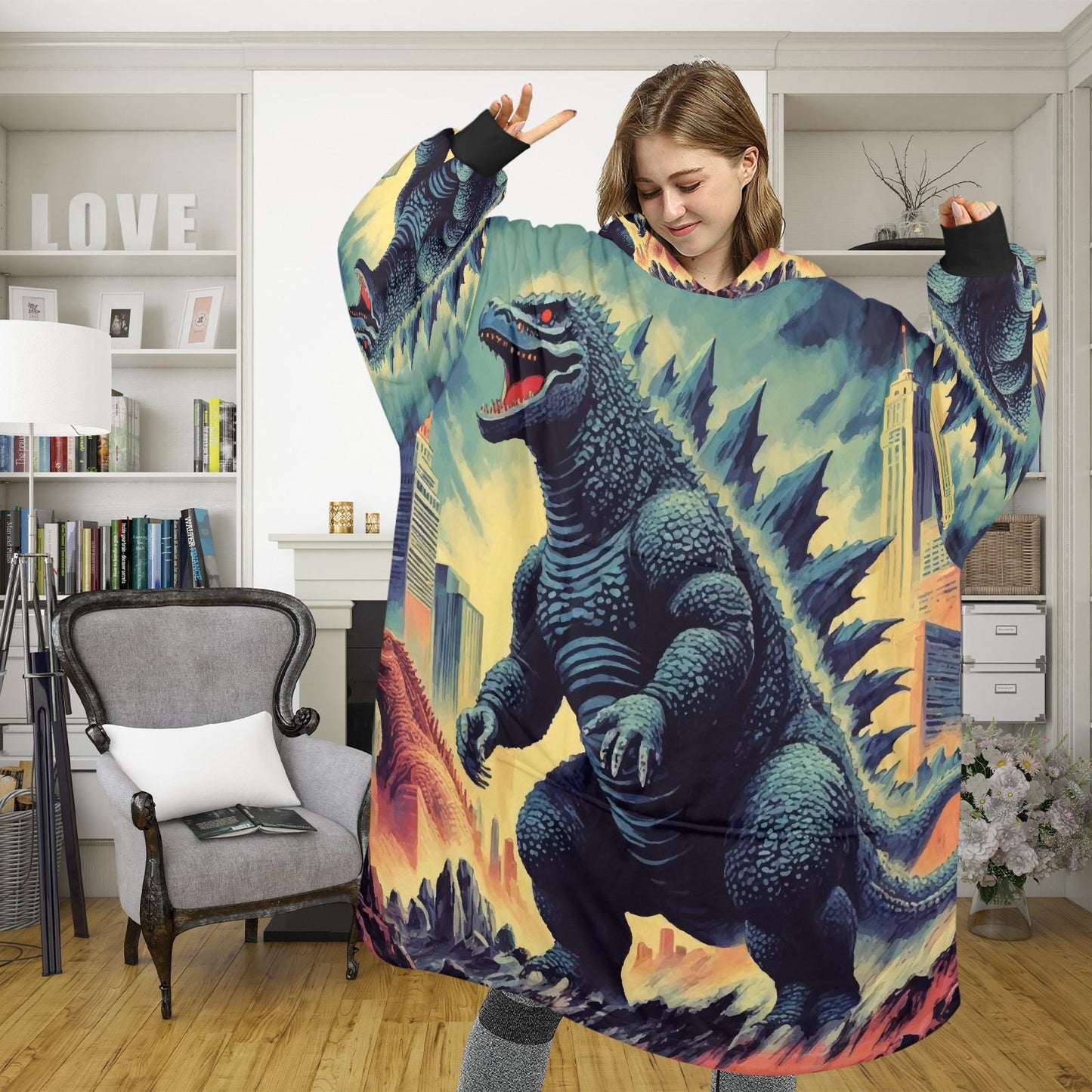 Godzilla Blanket Hoodie Retro Cartoon Fleece Loungewear