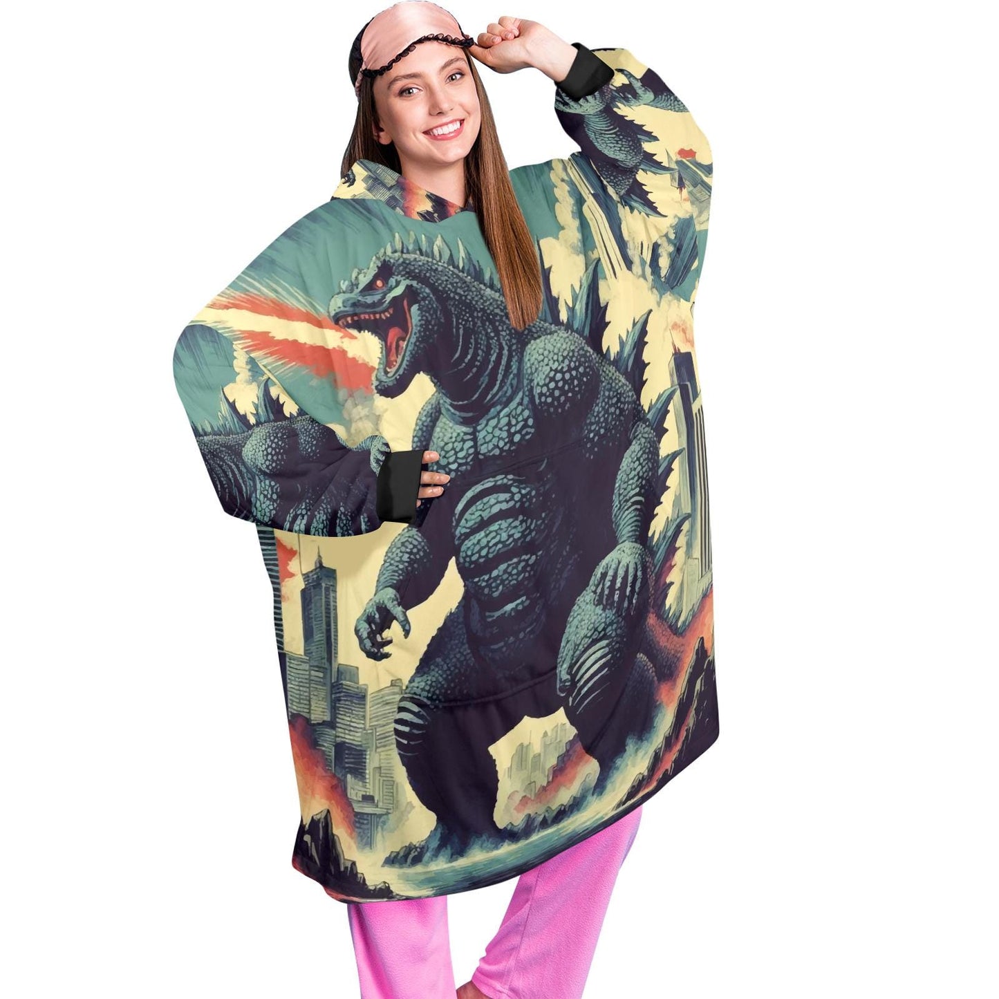 Godzilla Blanket Hoodie Retro Comic Kaiju Fleece Lounger