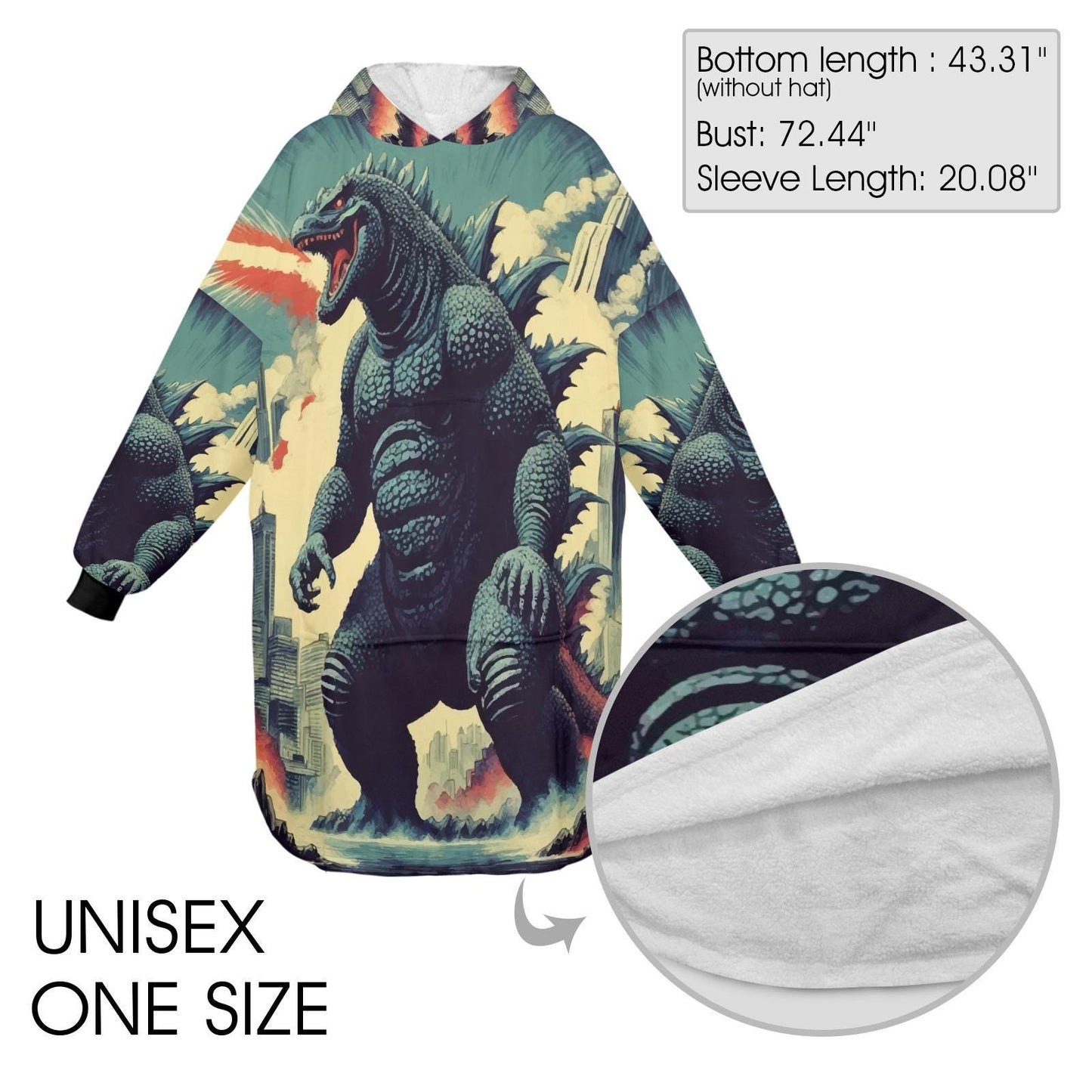 Godzilla Blanket Hoodie Retro Comic Kaiju Fleece Lounger