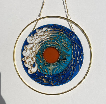 Stained glass suncatcher Sea mood Sun Cloud Bird Unique painting Cute gift