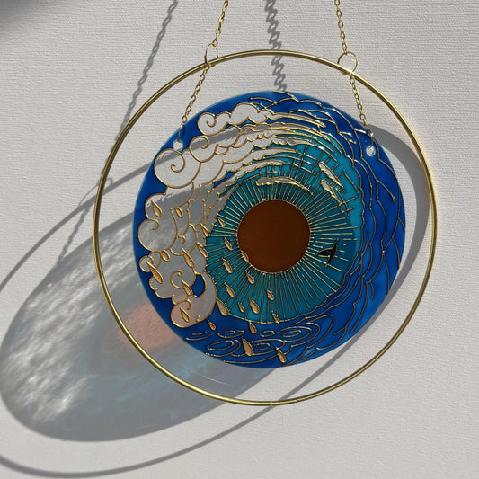 Stained glass suncatcher Sea mood Sun Cloud Bird Unique painting Cute gift