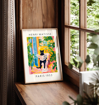 Black Cat on Toilet: Mattise Style Bathroom Print, Funny Tropical Decor