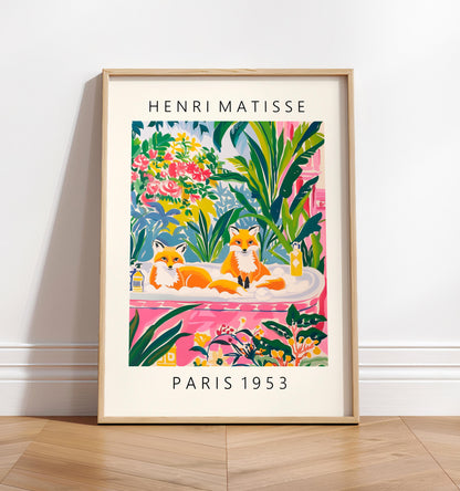 Foxes in Bathtub Art Print: Funny Bathroom Decor in Matisse Style