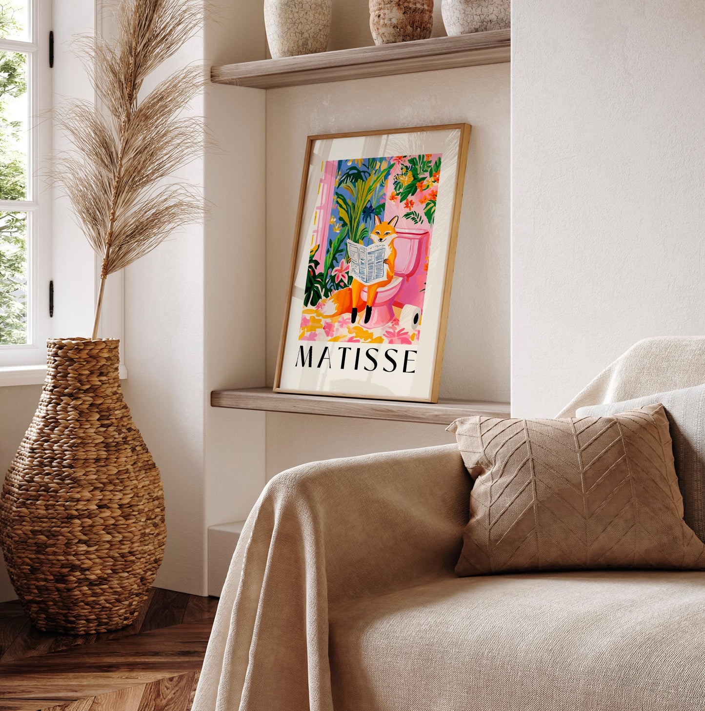 Funny Fox on Toilet Bathroom Print: Matisse Style Animal Wall Art